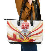 North Macedonia Independence Day Leather Tote Bag Ilinden Monument Raised Fist Jets Flag