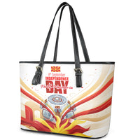 North Macedonia Independence Day Leather Tote Bag Ilinden Monument Raised Fist Jets Flag