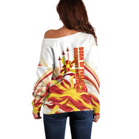 North Macedonia Independence Day Off Shoulder Sweater Ilinden Monument Raised Fist Jets Flag
