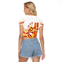 North Macedonia Independence Day Raglan Cropped T Shirt Ilinden Monument Raised Fist Jets Flag