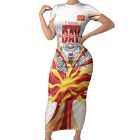 North Macedonia Independence Day Short Sleeve Bodycon Dress Ilinden Monument Raised Fist Jets Flag