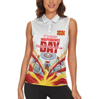 North Macedonia Independence Day Women Sleeveless Polo Shirt Ilinden Monument Raised Fist Jets Flag
