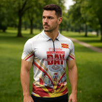 North Macedonia Independence Day Zipper Polo Shirt Ilinden Monument Raised Fist Jets Flag