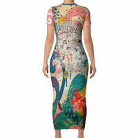 Notting Hill Carnival 94 Short Sleeve Bodycon Dress Vintage Festival Music Caribbean Dancers Steel Drums Pop Art