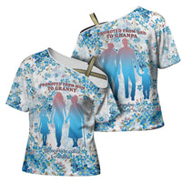 Promoted To Grandparents Cross Shoulder Shirt Family Generations Blue Floral Silhouette Art
