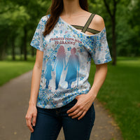 Promoted To Grandparents Cross Shoulder Shirt Family Generations Blue Floral Silhouette Art