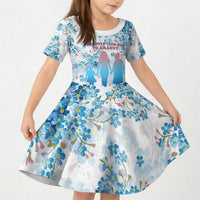 Promoted To Grandparents Kid Short Sleeve Dress Family Generations Blue Floral Silhouette Art