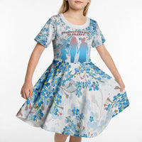 Promoted To Grandparents Kid Short Sleeve Dress Family Generations Blue Floral Silhouette Art