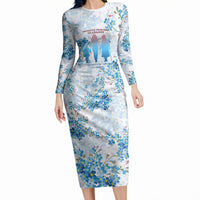 Promoted To Grandparents Long Sleeve Bodycon Dress Family Generations Blue Floral Silhouette Art