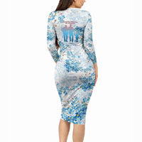 Promoted To Grandparents Long Sleeve Bodycon Dress Family Generations Blue Floral Silhouette Art