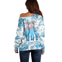 Promoted To Grandparents Off Shoulder Sweater Family Generations Blue Floral Silhouette Art