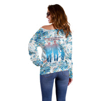 Promoted To Grandparents Off Shoulder Sweater Family Generations Blue Floral Silhouette Art