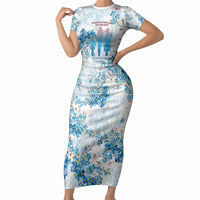 Promoted To Grandparents Short Sleeve Bodycon Dress Family Generations Blue Floral Silhouette Art