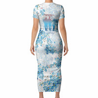 Promoted To Grandparents Short Sleeve Bodycon Dress Family Generations Blue Floral Silhouette Art