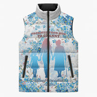 Promoted To Grandparents Sleeveless Puffer Jacket Family Generations Blue Floral Silhouette Art