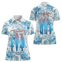 Promoted To Grandparents Women Polo Shirt Family Generations Blue Floral Silhouette Art
