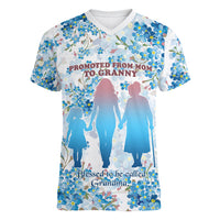 Promoted To Grandparents Women V-Neck T-Shirt Family Generations Blue Floral Silhouette Art