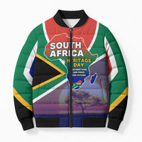 South Africa Heritage Day Bomber Puffer Jacket Celebrating Roots Flag Map Sunset Savanna