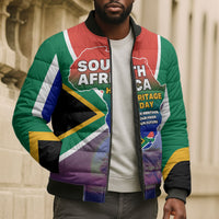 South Africa Heritage Day Bomber Puffer Jacket Celebrating Roots Flag Map Sunset Savanna