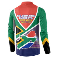 South Africa Heritage Day Button Sweatshirt Celebrating Roots Flag Map Sunset Savanna