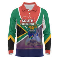 South Africa Heritage Day Long Sleeve Polo Shirt Celebrating Roots Flag Map Sunset Savanna