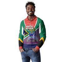 South Africa Heritage Day Long Sleeve Polo Shirt Celebrating Roots Flag Map Sunset Savanna