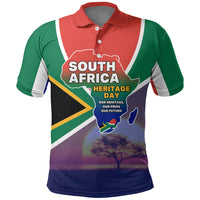 South Africa Heritage Day Polo Shirt Celebrating Roots Flag Map Sunset Savanna