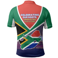 South Africa Heritage Day Polo Shirt Celebrating Roots Flag Map Sunset Savanna