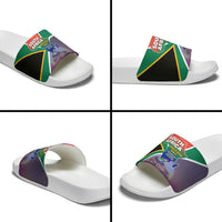 South Africa Heritage Day Slide Sandals Celebrating Roots Flag Map Sunset Savanna
