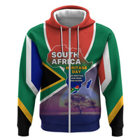 South Africa Heritage Day Zip Hoodie Celebrating Roots Flag Map Sunset Savanna