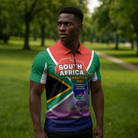 South Africa Heritage Day Zipper Polo Shirt Celebrating Roots Flag Map Sunset Savanna