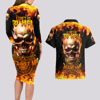Magic Fire Skull Couples Matching Long Sleeve Bodycon Dress and Hawaiian Shirt I Can't Go To Hell The Devil Still Has A Rest Training Oder Against Me - Wonder Print Shop