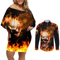 Magic Fire Skull Couples Matching Off Shoulder Short Dress and Long Sleeve Button Shirts I Can't Go To Hell The Devil Still Has A Rest Training Oder Against Me - Wonder Print Shop