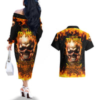 Magic Fire Skull Couples Matching Off The Shoulder Long Sleeve Dress and Hawaiian Shirt I Can't Go To Hell The Devil Still Has A Rest Training Oder Against Me - Wonder Print Shop