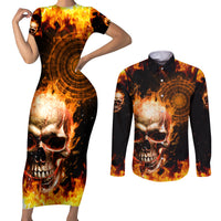 Magic Fire Skull Couples Matching Short Sleeve Bodycon Dress and Long Sleeve Button Shirts I Can't Go To Hell The Devil Still Has A Rest Training Oder Against Me - Wonder Print Shop