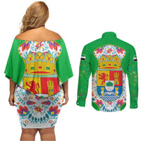 Extremadura Flag Couples Matching Off Shoulder Short Dress and Long Sleeve Button Shirt Autonomous Community of Spain - Wonder Print Shop