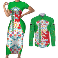 Extremadura Flag Couples Matching Short Sleeve Bodycon Dress and Long Sleeve Button Shirt Autonomous Community of Spain - Wonder Print Shop