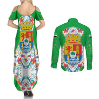 Extremadura Flag Couples Matching Summer Maxi Dress and Long Sleeve Button Shirt Autonomous Community of Spain - Wonder Print Shop