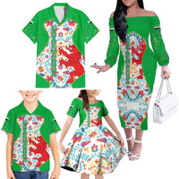 Extremadura Flag Family Matching Off The Shoulder Long Sleeve Dress and Hawaiian Shirt Autonomous Community of Spain - Wonder Print Shop