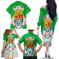 Extremadura Flag Family Matching Off The Shoulder Long Sleeve Dress and Hawaiian Shirt Autonomous Community of Spain - Wonder Print Shop
