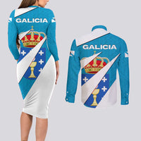 Galicia Flag Couples Matching Long Sleeve Bodycon Dress and Long Sleeve Button Shirt Autonomous Community of Spain - Wonder Print Shop