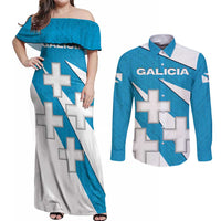 Galicia Flag Couples Matching Off Shoulder Maxi Dress and Long Sleeve Button Shirt Autonomous Community of Spain - Wonder Print Shop