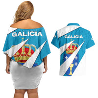 Galicia Flag Couples Matching Off Shoulder Short Dress and Hawaiian Shirt Autonomous Community of Spain - Wonder Print Shop