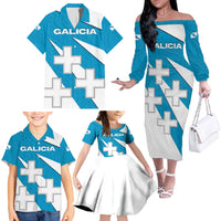 Galicia Flag Family Matching Off The Shoulder Long Sleeve Dress and Hawaiian Shirt Autonomous Community of Spain - Wonder Print Shop