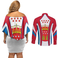 Madrid Flag Couples Matching Off Shoulder Short Dress and Long Sleeve Button Shirt Autonomous Community of Spain - Wonder Print Shop