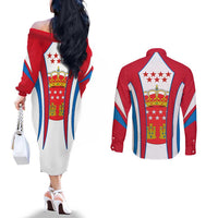 Madrid Flag Couples Matching Off The Shoulder Long Sleeve Dress and Long Sleeve Button Shirt Autonomous Community of Spain - Wonder Print Shop