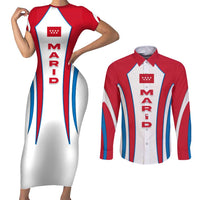 Madrid Flag Couples Matching Short Sleeve Bodycon Dress and Long Sleeve Button Shirt Autonomous Community of Spain - Wonder Print Shop
