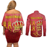 Region of Murcia Flag Couples Matching Off Shoulder Short Dress and Long Sleeve Button Shirt Autonomous Community of Spain - Wonder Print Shop
