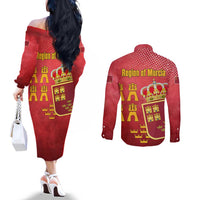 Region of Murcia Flag Couples Matching Off The Shoulder Long Sleeve Dress and Long Sleeve Button Shirt Autonomous Community of Spain - Wonder Print Shop