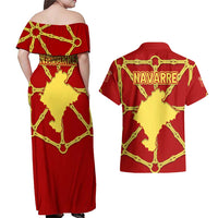 Navarre Flag Couples Matching Off Shoulder Maxi Dress and Hawaiian Shirt Autonomous Community of Spain - Wonder Print Shop